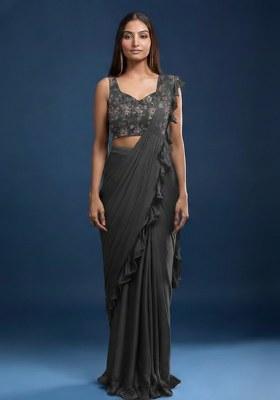 Charcoal Grey Poly Blended Solid Pre draped saree Set With Floral Embroidered Blouse