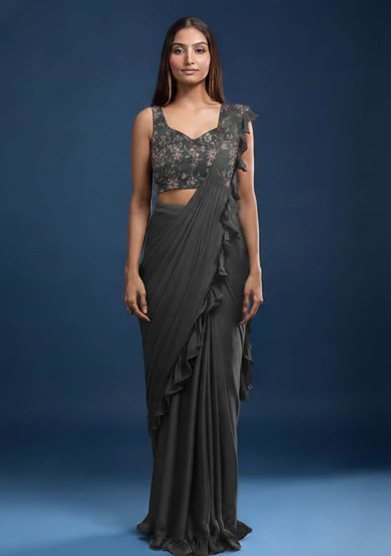 Charcoal Grey Poly Blended Solid With Floral Blouse Pre draped saree Set with Embroidered for Diwali | Wedding & Festive Wear - Indya