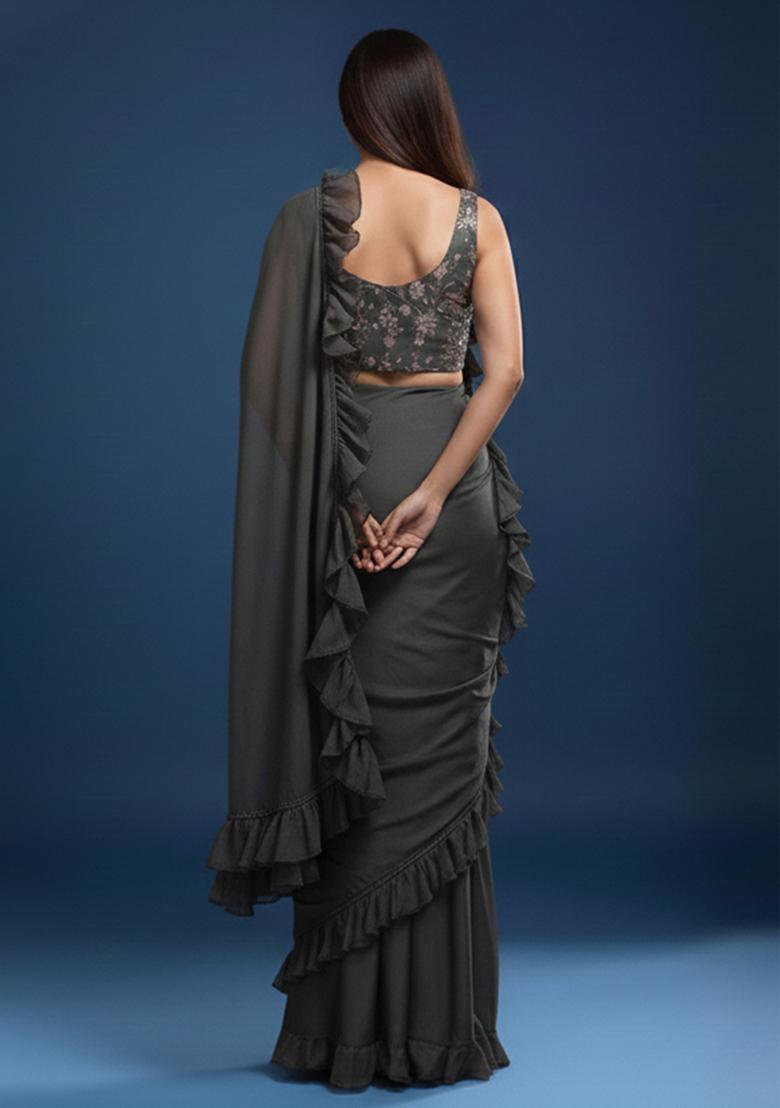Charcoal Grey Poly Blended Solid Pre draped saree Set With Floral Embroidered Blouse - Indya