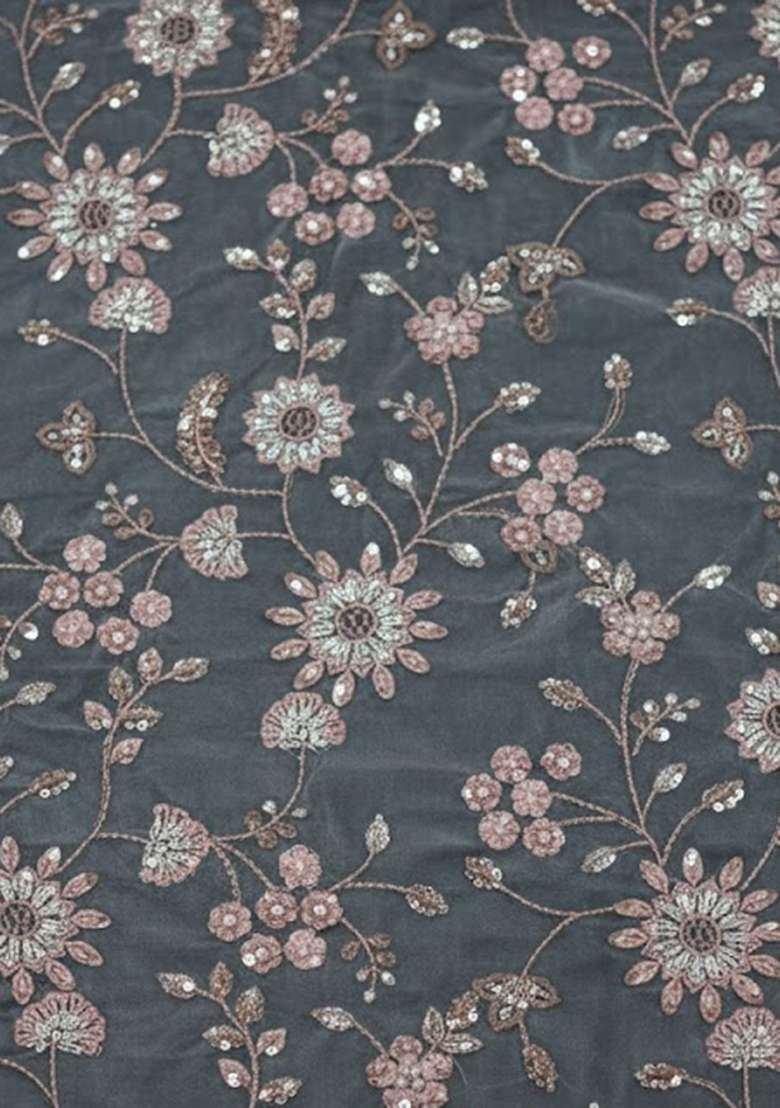 Charcoal Grey Poly Blended Solid With Floral Blouse Pre draped saree Set with Embroidered for Diwali | Wedding & Festive Wear - Indya