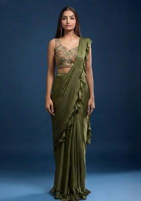 Olive Green Poly Blended Solid Pre draped saree Set With Floral Embroidered Blouse