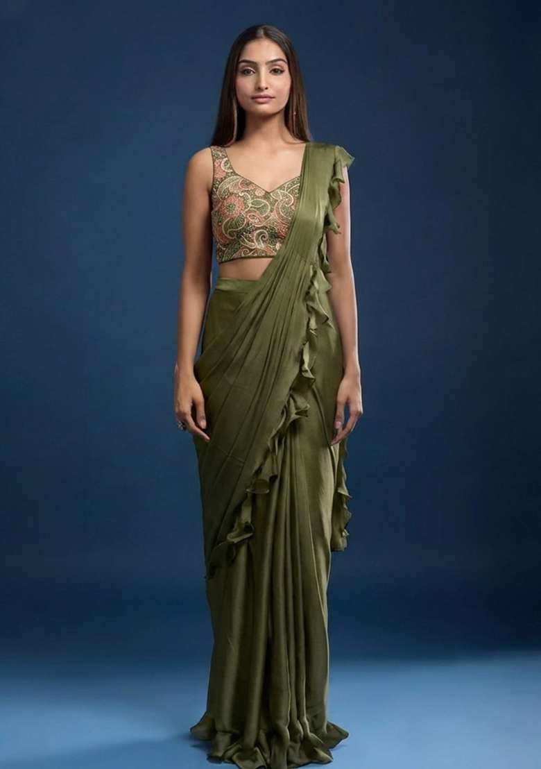 Olive Green Poly Blended Solid Pre draped saree Set With Floral Embroidered Blouse for Diwali and Festive Wear - Indya