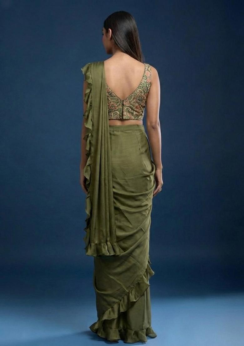 Olive Green Poly Blended Solid Pre draped saree Set With Floral Embroidered Blouse - Indya