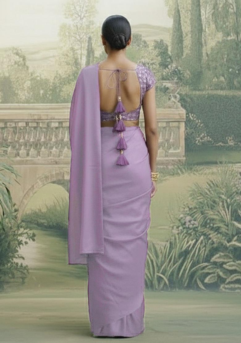 Purple Embroidery Net Pre draped saree Set - Indya