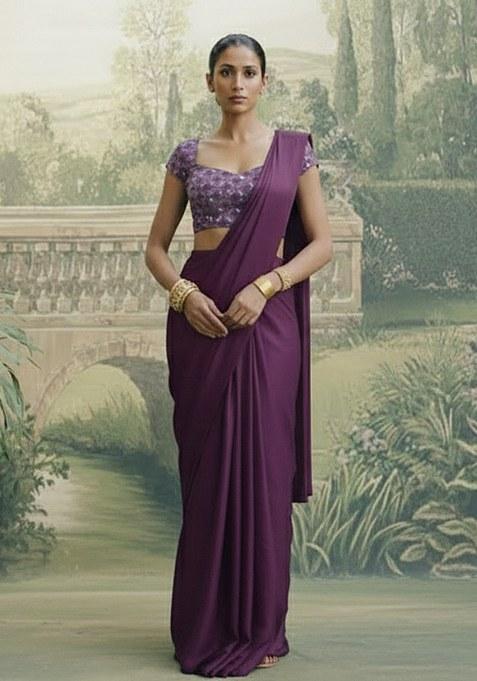 Purple Embroidery Net Pre draped saree Set