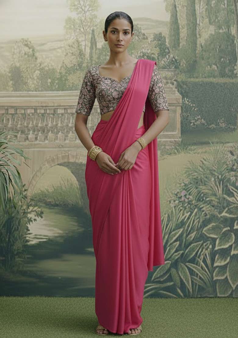 Magenta Poly Blended Pre draped saree Set with Embroidery for Diwali | Wedding & Festive Wear - Indya