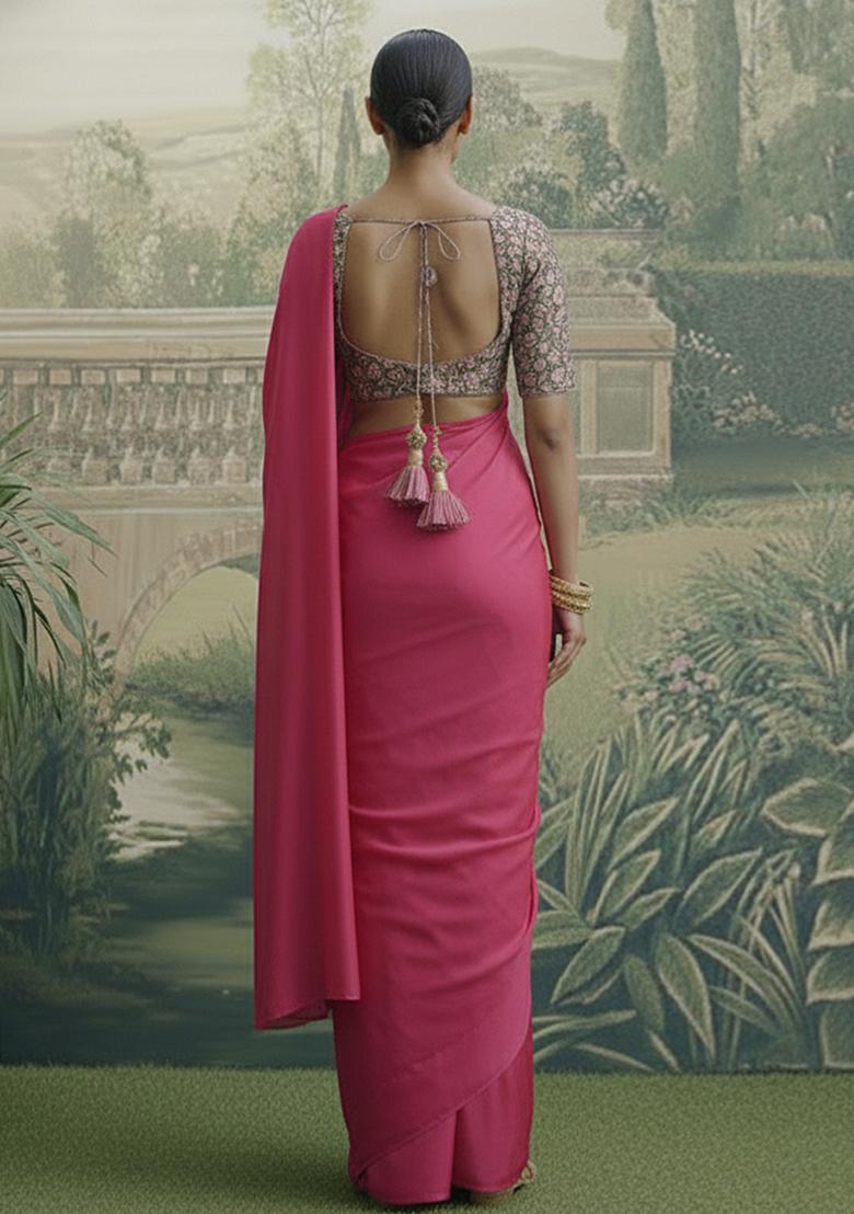 Magenta Embroidery Poly Blended Pre draped saree Set - Indya