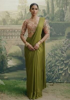 Olive Green Poly Blended Solid Pre draped saree Set With Embroidery Blouse