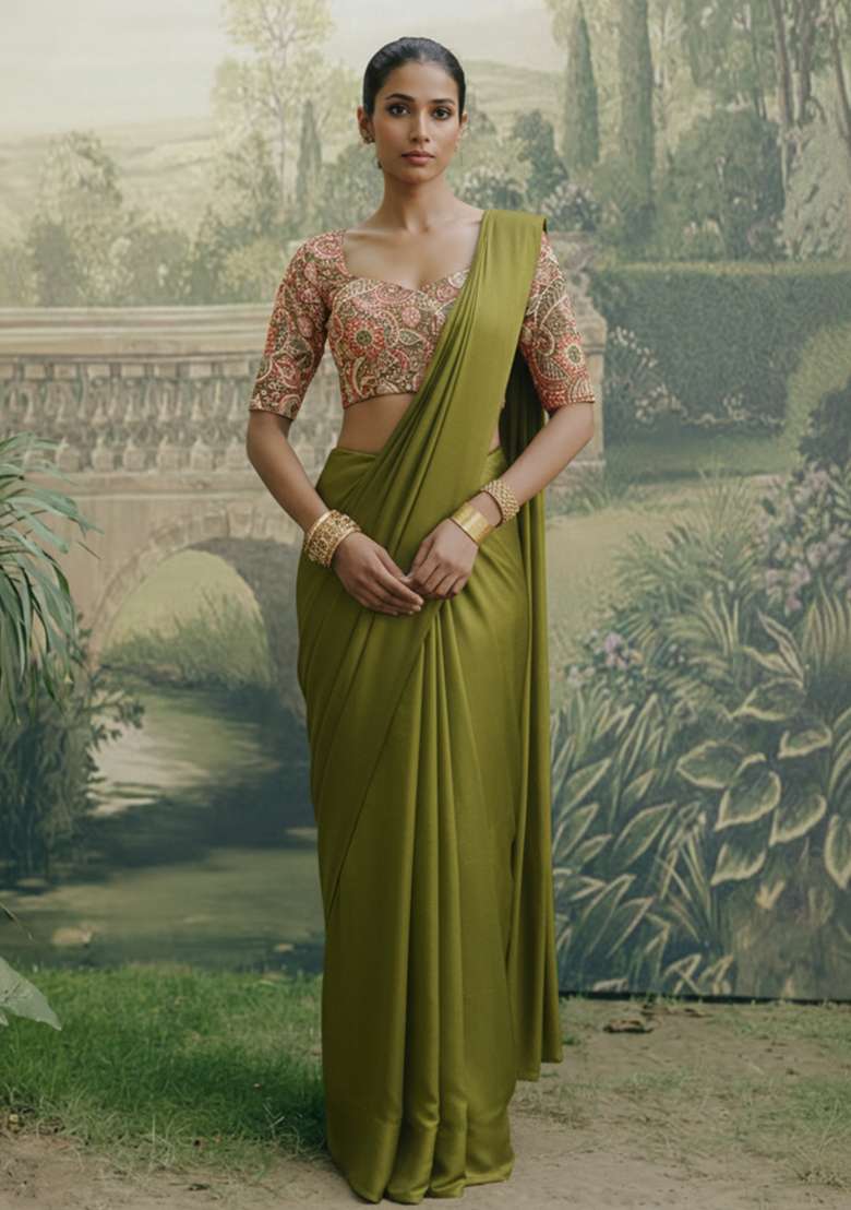 Olive Green Poly Blended Solid Pre draped saree Set With Embroidery Blouse for Diwali and Festive Wear - Indya