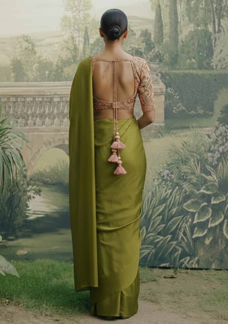Olive Green Poly Blended Solid Pre draped saree Set With Embroidery Blouse - Indya