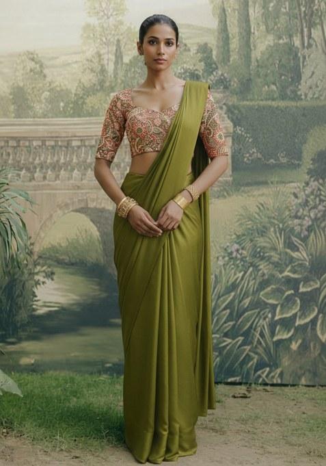 Olive Green Poly Blended Solid Pre draped saree Set With Embroidery Blouse