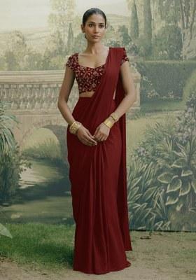 Rich Maroon Fendy silk Solid Pre draped saree Set With Embroidery Blouse