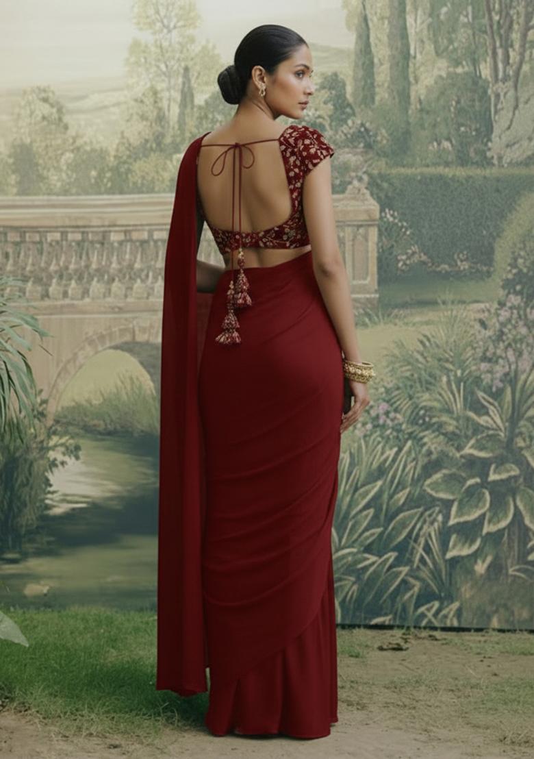 Rich Maroon Fendy silk Solid Pre draped saree Set With Embroidery Blouse - Indya