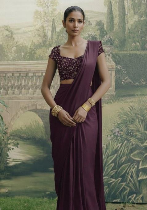 Luxurious Purple Fendy silk Solid Pre draped saree Set With Embroidery Blouse
