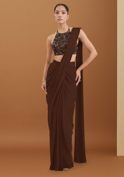 Deep Brown Net Solid Pre draped saree Set With Embroidery Blouse