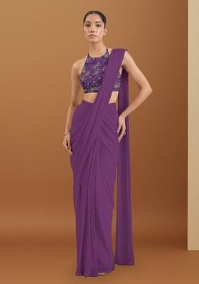 Deep Purple Net Solid Pre draped saree Set With Floral Embroidery Blouse