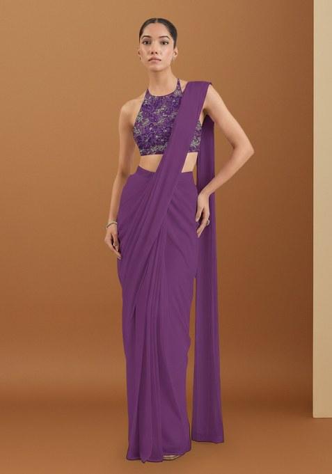 Deep Purple Net Solid Pre draped saree Set With Floral Embroidery Blouse