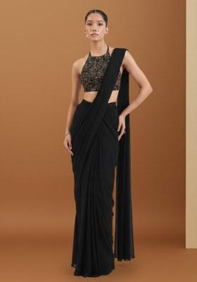 Deep Black Velvet Solid Pre draped saree Set With Embroidery Blouse