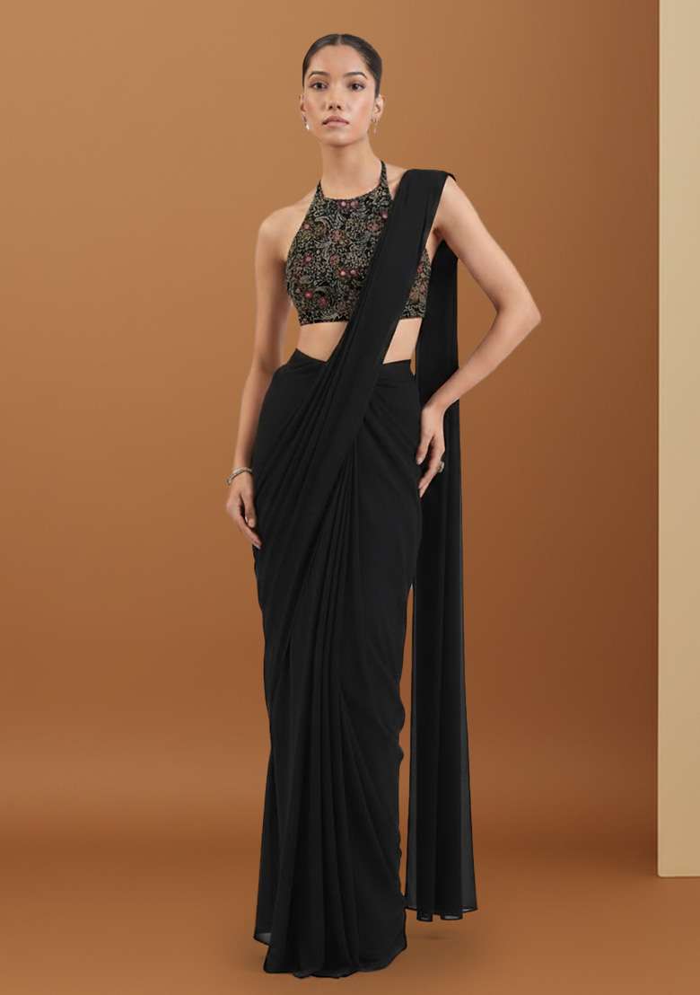 Deep Black Velvet Solid Pre draped saree Set With Embroidery Blouse - Indya