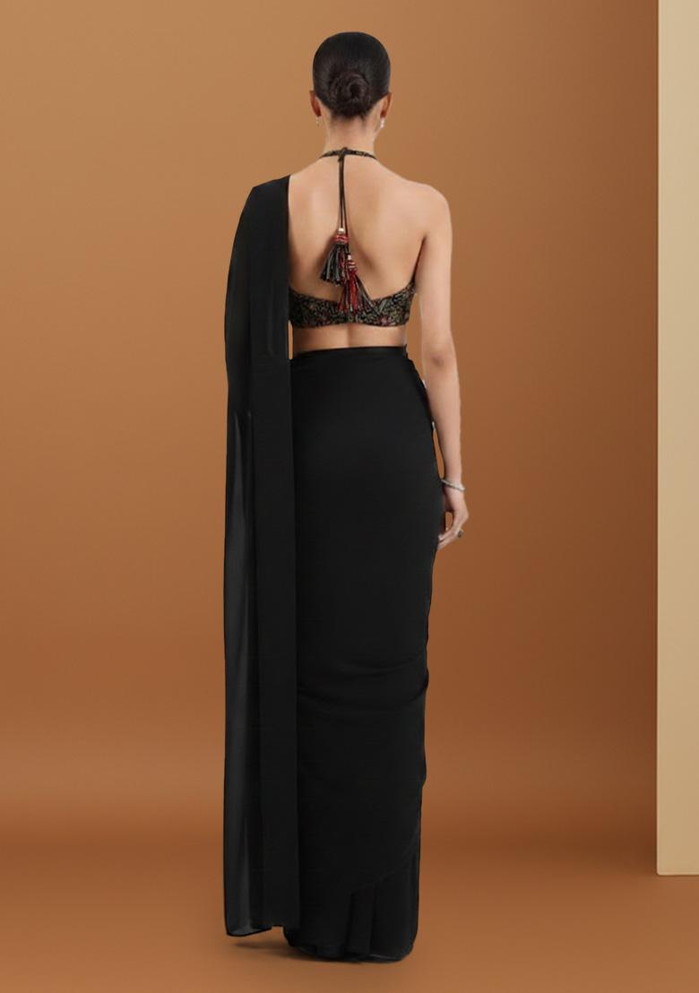 Deep Black Velvet Solid Pre draped saree Set With Embroidery Blouse - Indya