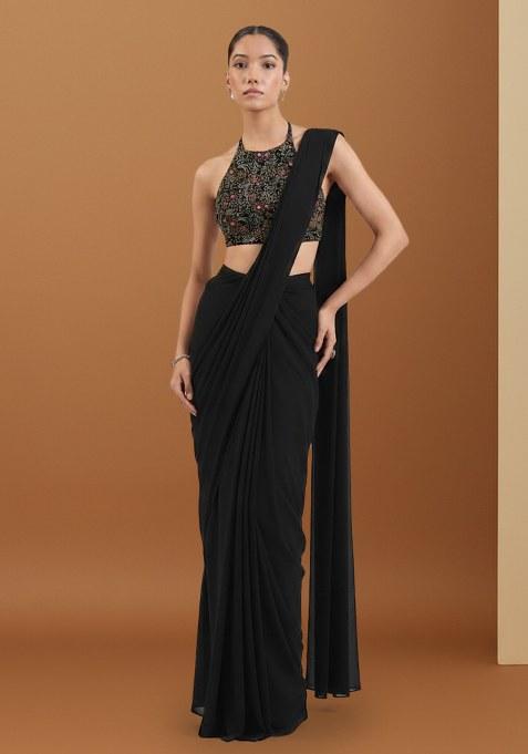 Deep Black Velvet Solid Pre draped saree Set With Embroidery Blouse