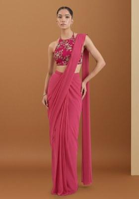 Fuchsia CREPE Solid Pre draped saree Set With Floral Embroidery Blouse