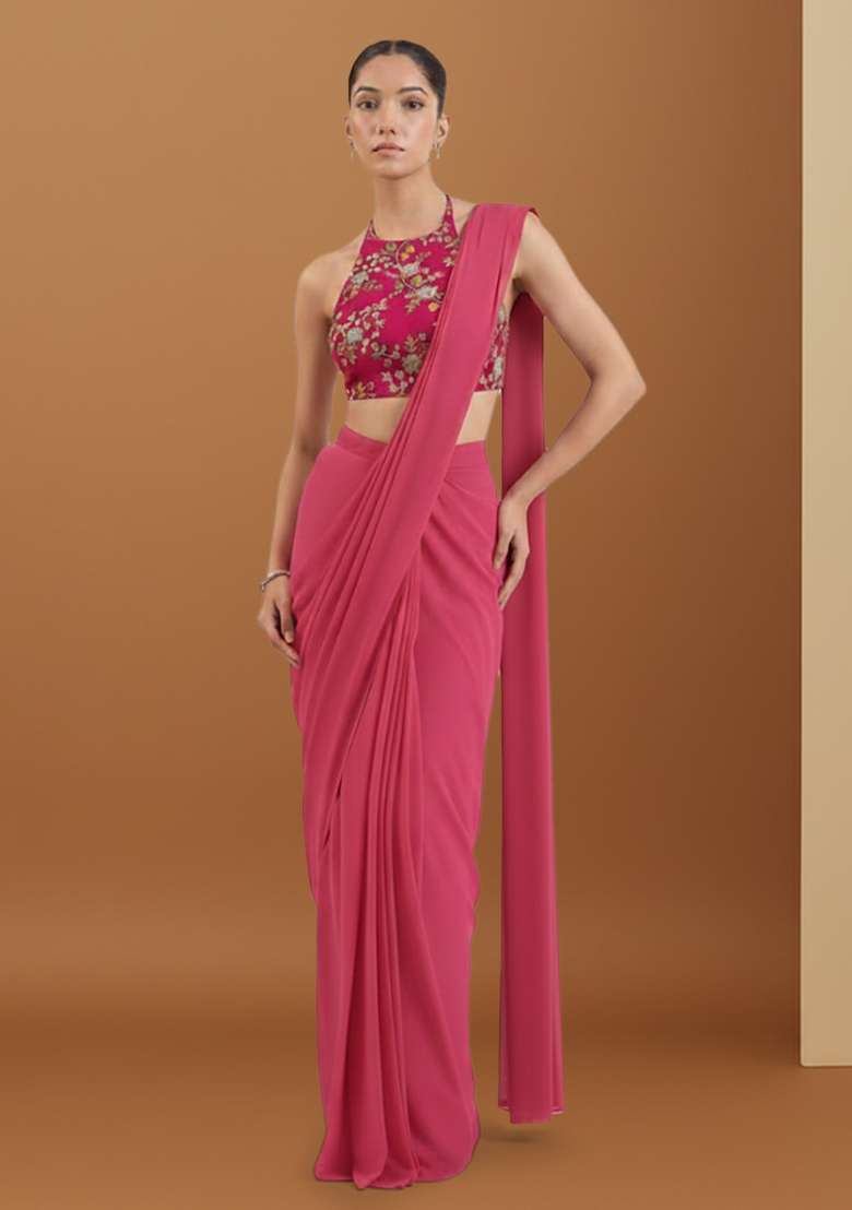 Fuchsia CREPE Solid Pre draped saree Set With Floral Embroidery Blouse for Diwali and Festive Wear - Indya