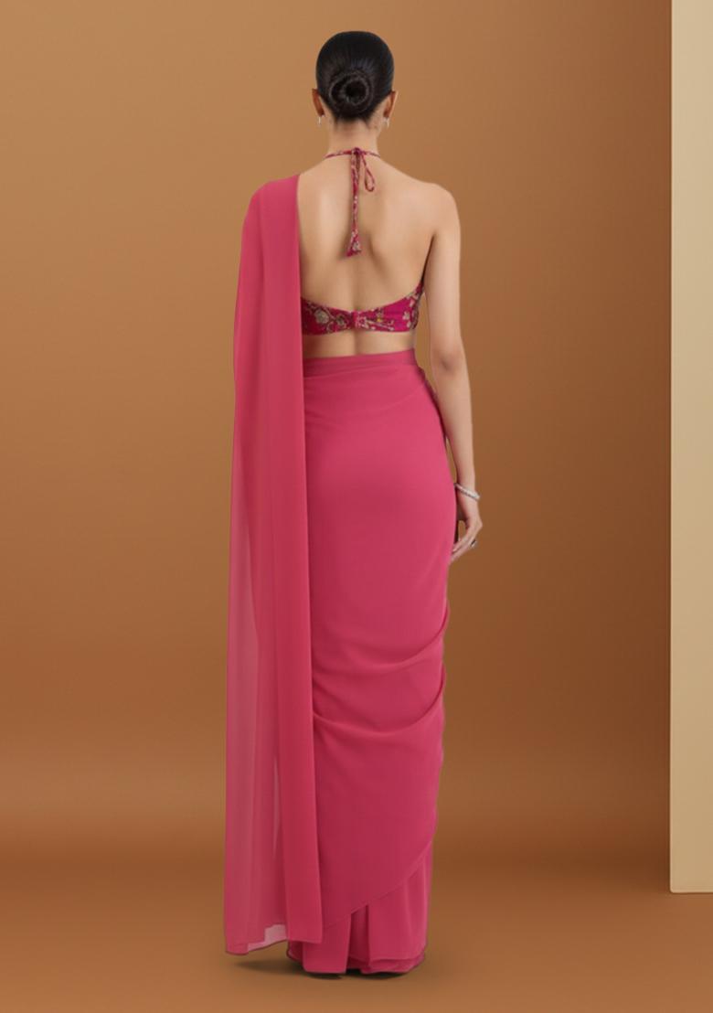 Fuchsia CREPE Solid Pre draped saree Set With Floral Embroidery Blouse - Indya