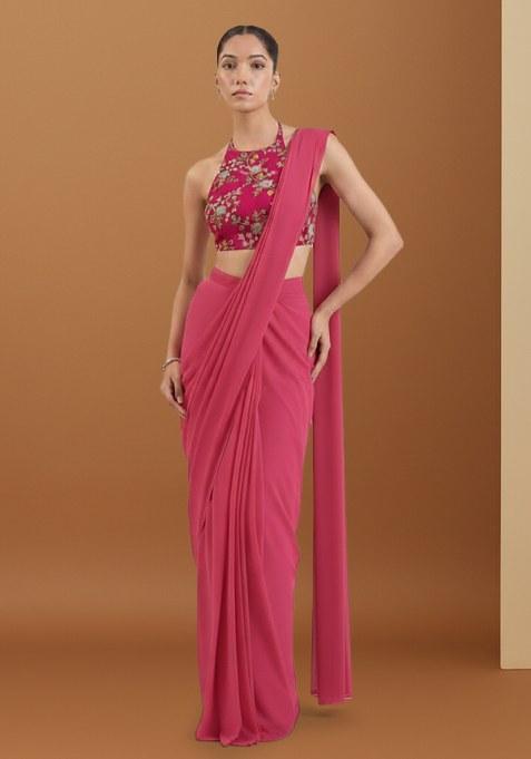 Fuchsia CREPE Solid Pre draped saree Set With Floral Embroidery Blouse