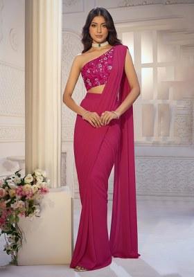 Fuchsia Pink Net Solid Pre draped saree Set With Embroidery Blouse