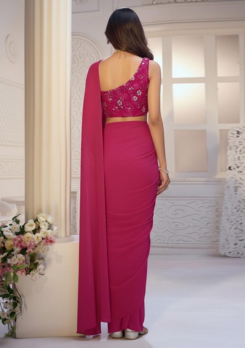 Fuchsia Pink Net Solid Pre draped saree Set With Embroidery Blouse - Indya