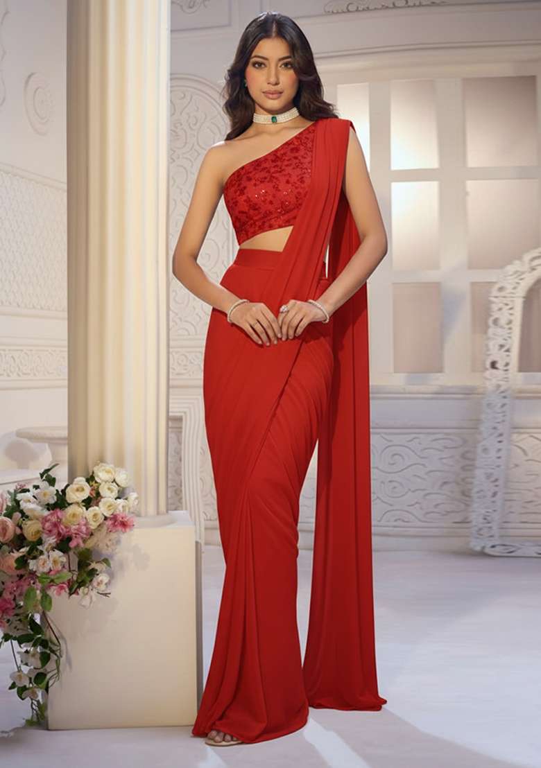 Vibrant Red Net Solid Pre draped saree Set With Floral Embroidery Blouse for Diwali and Festive Wear - Indya