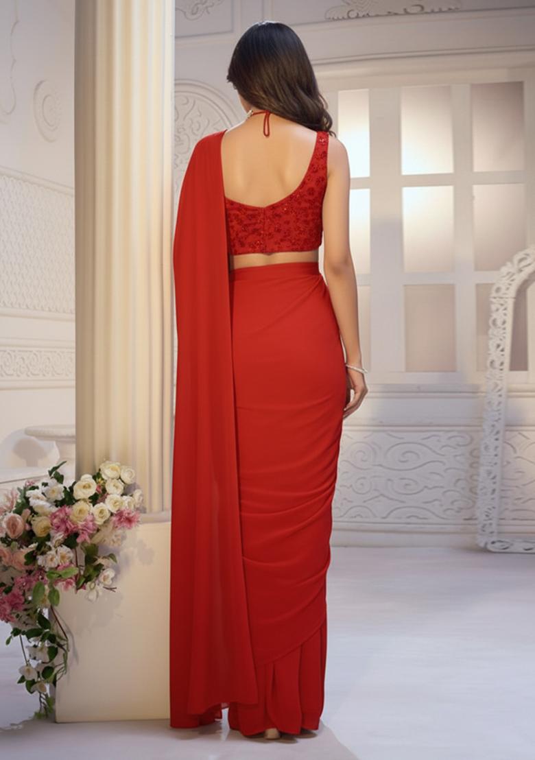 Vibrant Red Net Solid Pre draped saree Set With Floral Embroidery Blouse - Indya