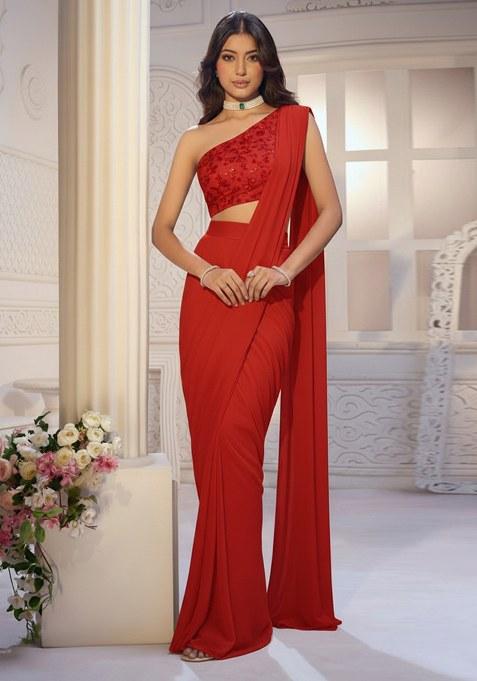 Vibrant Red Net Solid Pre draped saree Set With Floral Embroidery Blouse