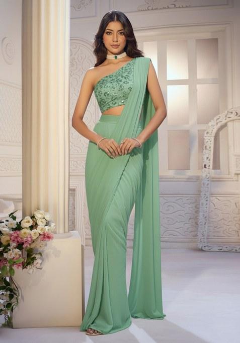 Mint Green Net Solid Pre draped saree Set With Embroidery Blouse