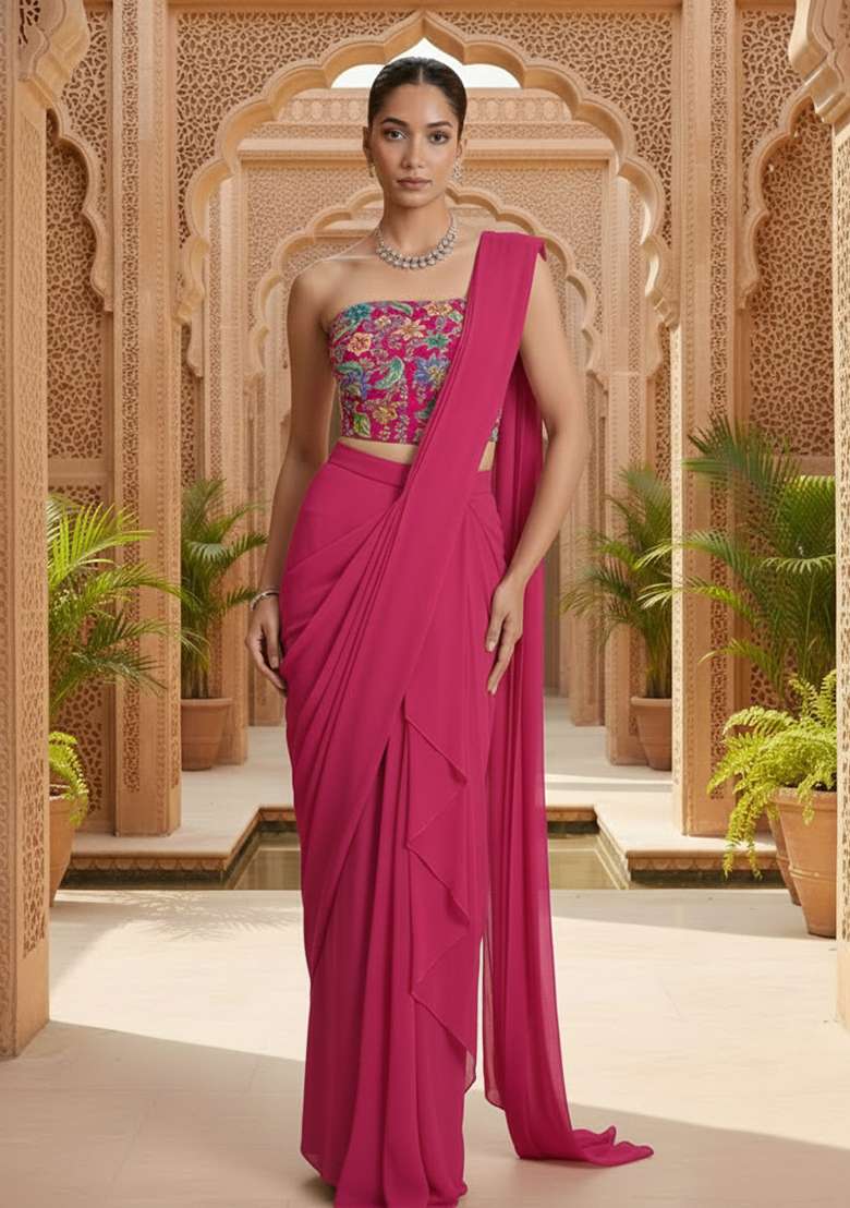 Deep Fuchsia Solid With Blouse Crepe Pre draped saree Set with Embroidery for Diwali | Wedding & Festive Wear - Indya