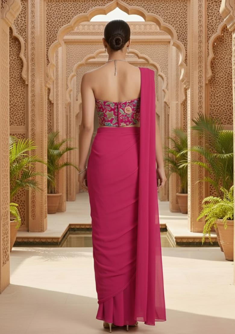 Deep Fuchsia Crepe Solid Pre draped saree Set With Embroidery Blouse - Indya