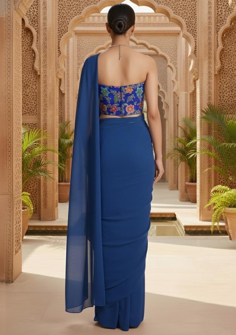 Royal Blue Crepe Solid Pre draped saree Set With Embroidery Blouse - Indya