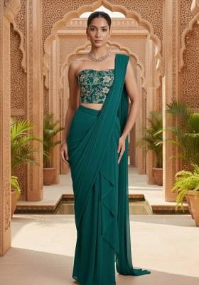Deep Teal Crepe Solid Pre draped saree Set With Embroidery Blouse
