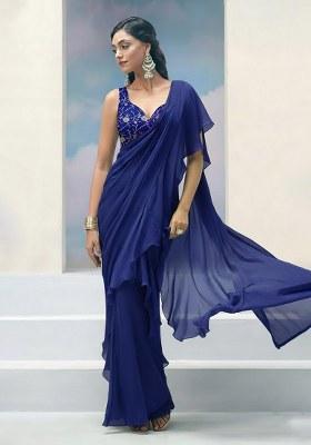 Navy Blue Embroidered Silk Pre Draped Saree Set