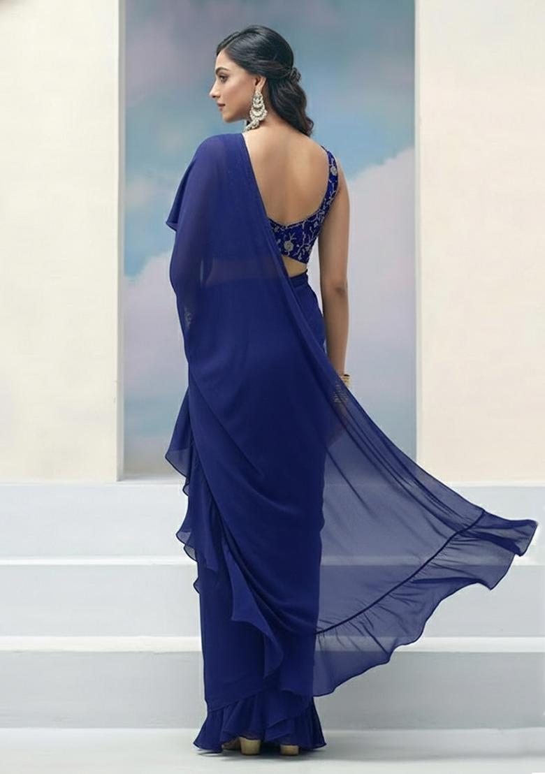 Navy Blue Embroidered Silk Pre Draped Saree Set - Indya