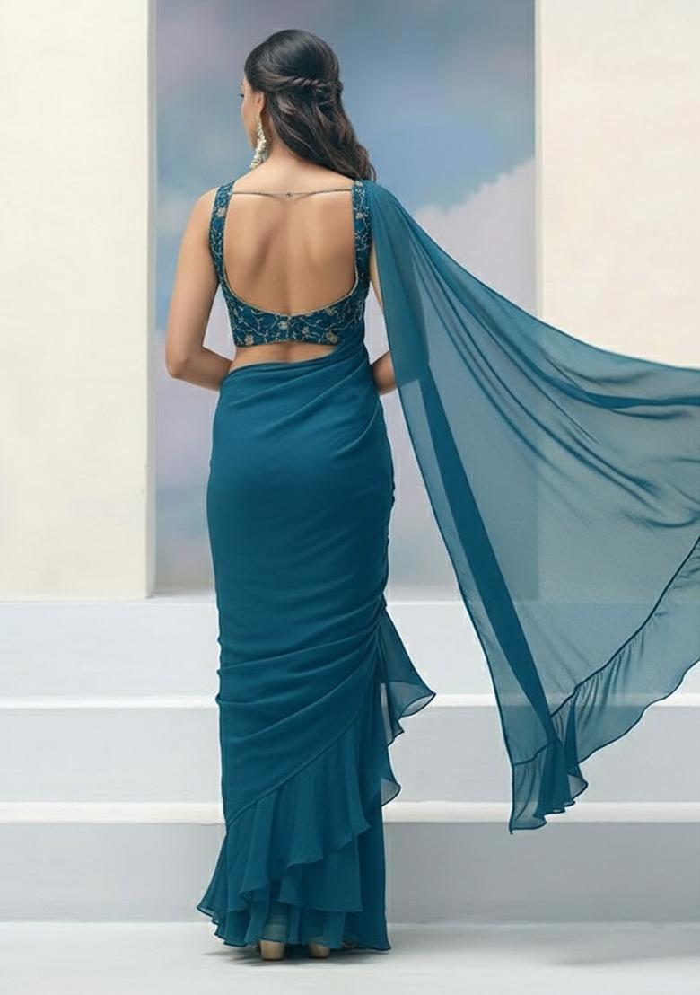 Teal Blue Embroidered Silk Pre Draped Saree Set - Indya