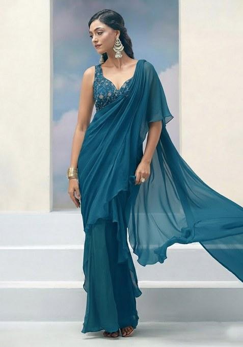 Teal Blue Embroidered Silk Pre Draped Saree Set