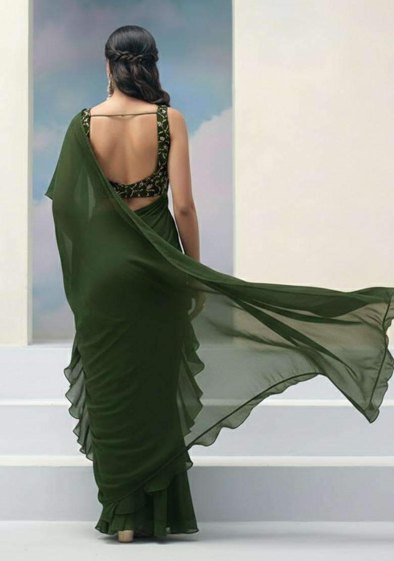 Green Embroidered Silk Pre Draped Saree Set - Indya