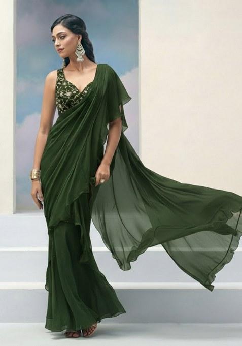 Green Embroidered Silk Pre Draped Saree Set