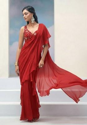 Red Embroidered Silk Pre Draped Saree Set
