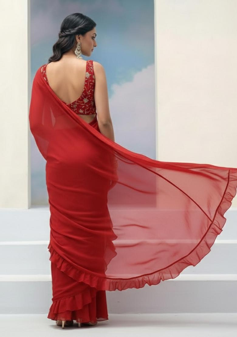 Red Embroidered Silk Pre Draped Saree Set - Indya