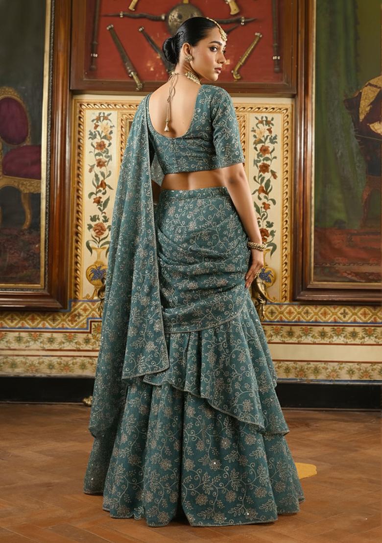 Dusty Blue Embroidered Pre Draped Saree Set - Indya
