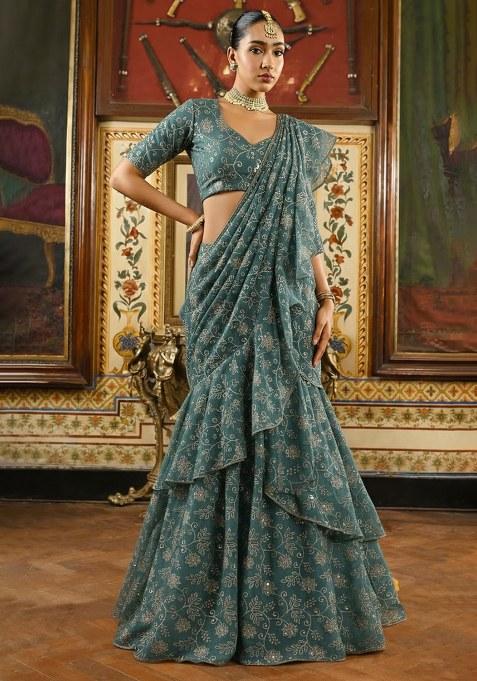 Dusty Blue Embroidered Pre Draped Saree Set