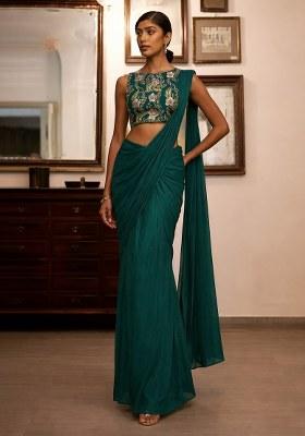 Blue Floral Print Crepe Pre Draped Saree Set